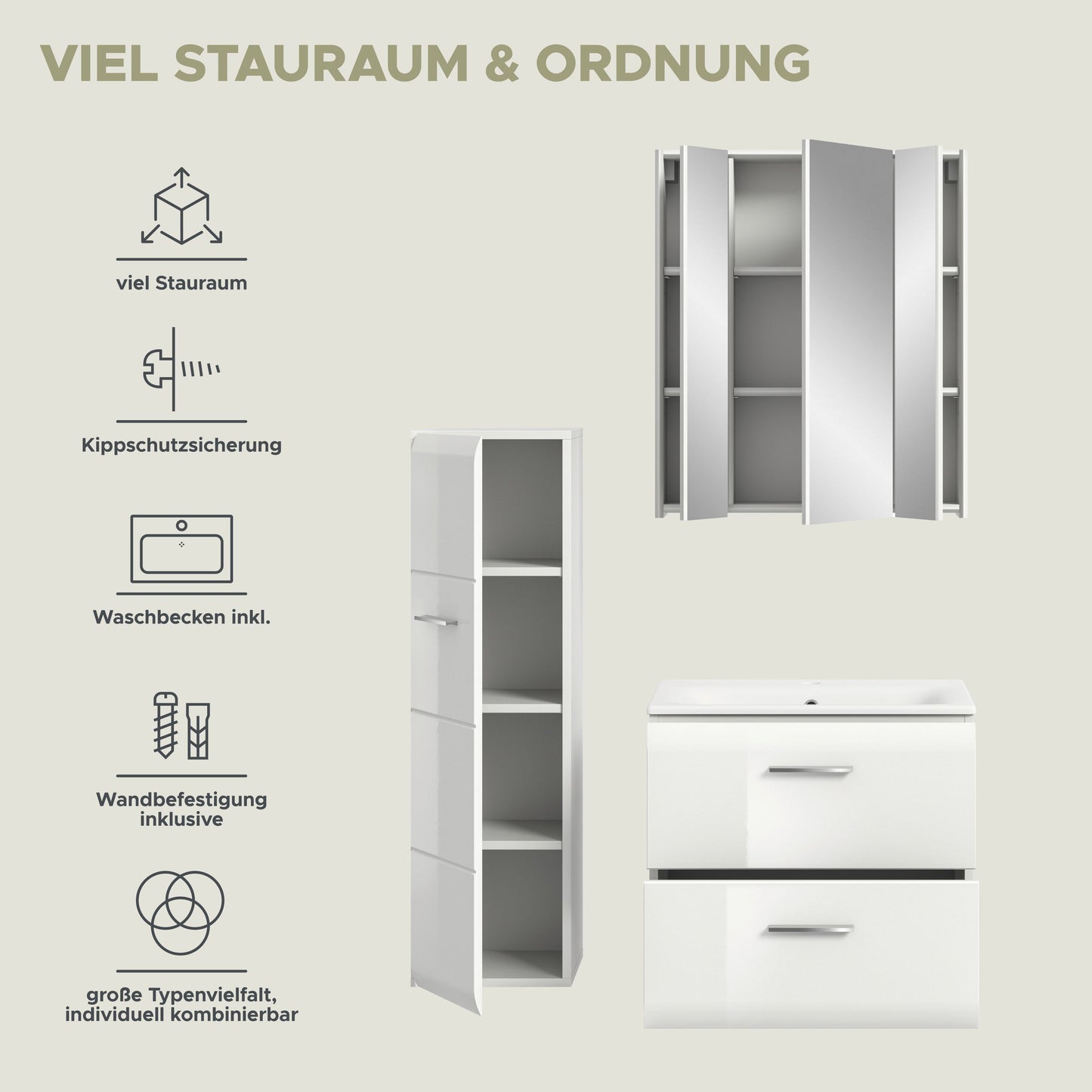 Badmöbel-Set mit Spiegelschrank, Waschtischunterschrank und Hochschrank, weiß, mit Schubladen