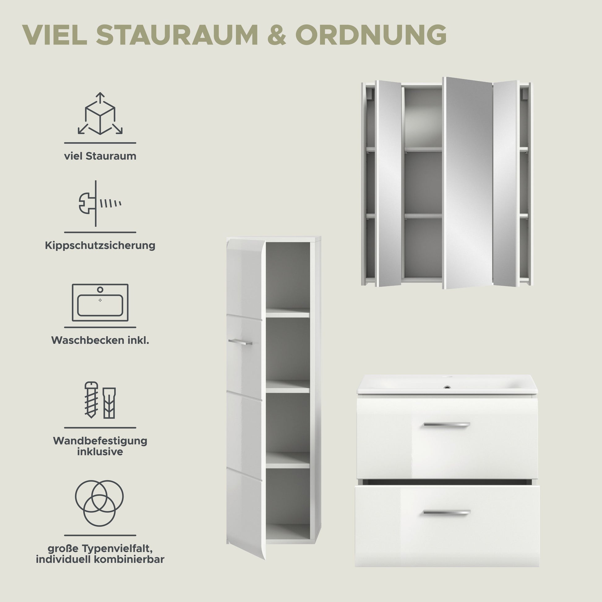 Badmöbel-Set mit Spiegelschrank, Waschtischunterschrank und Hochschrank, weiß, mit Schubladen