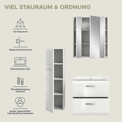 Badmöbel-Set mit Spiegelschrank, Waschtischunterschrank und Hochschrank, weiß, mit Schubladen