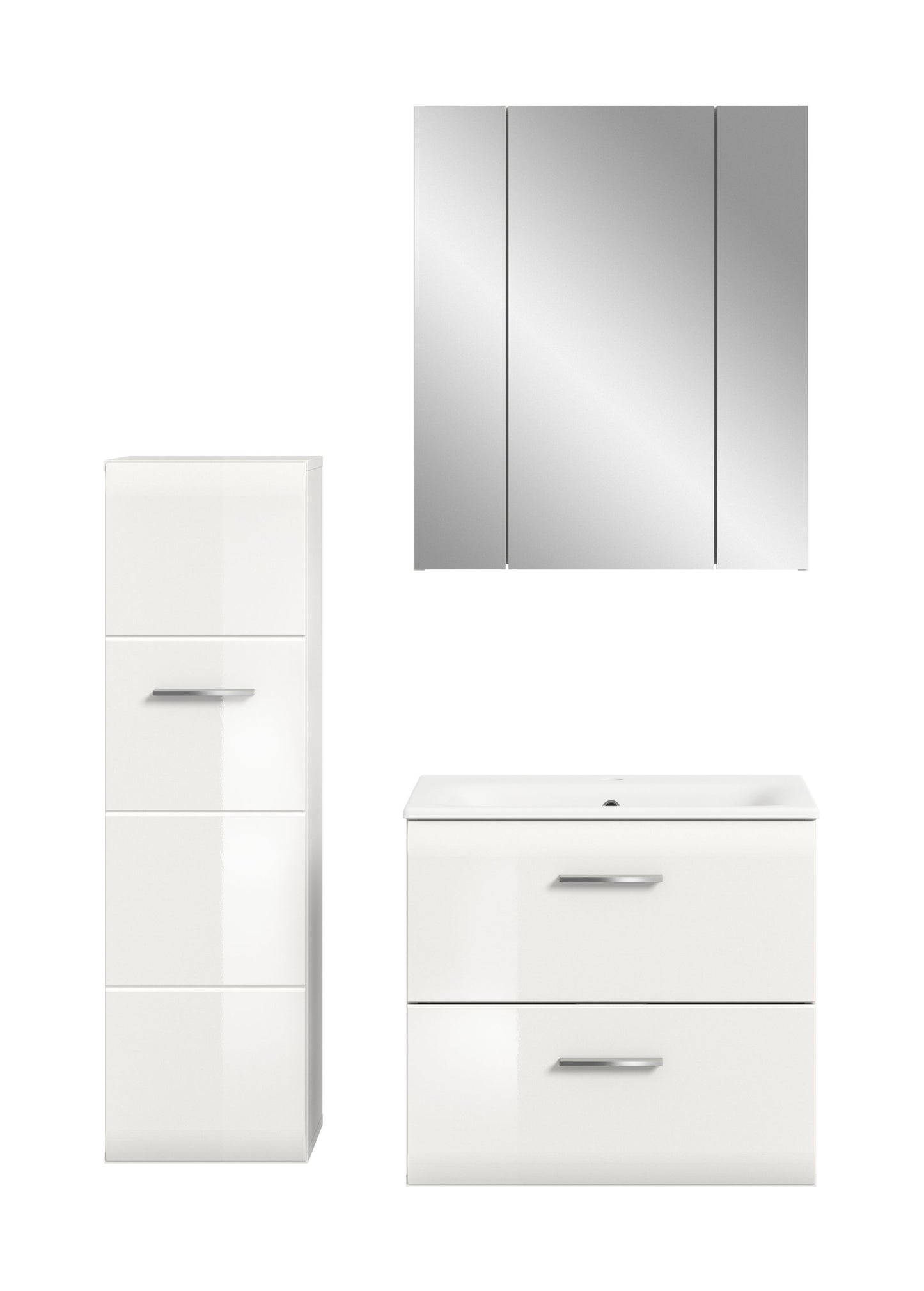 Badmöbel-Set: Spiegelschrank, Hochschrank und Waschtischunterschrank, weiß