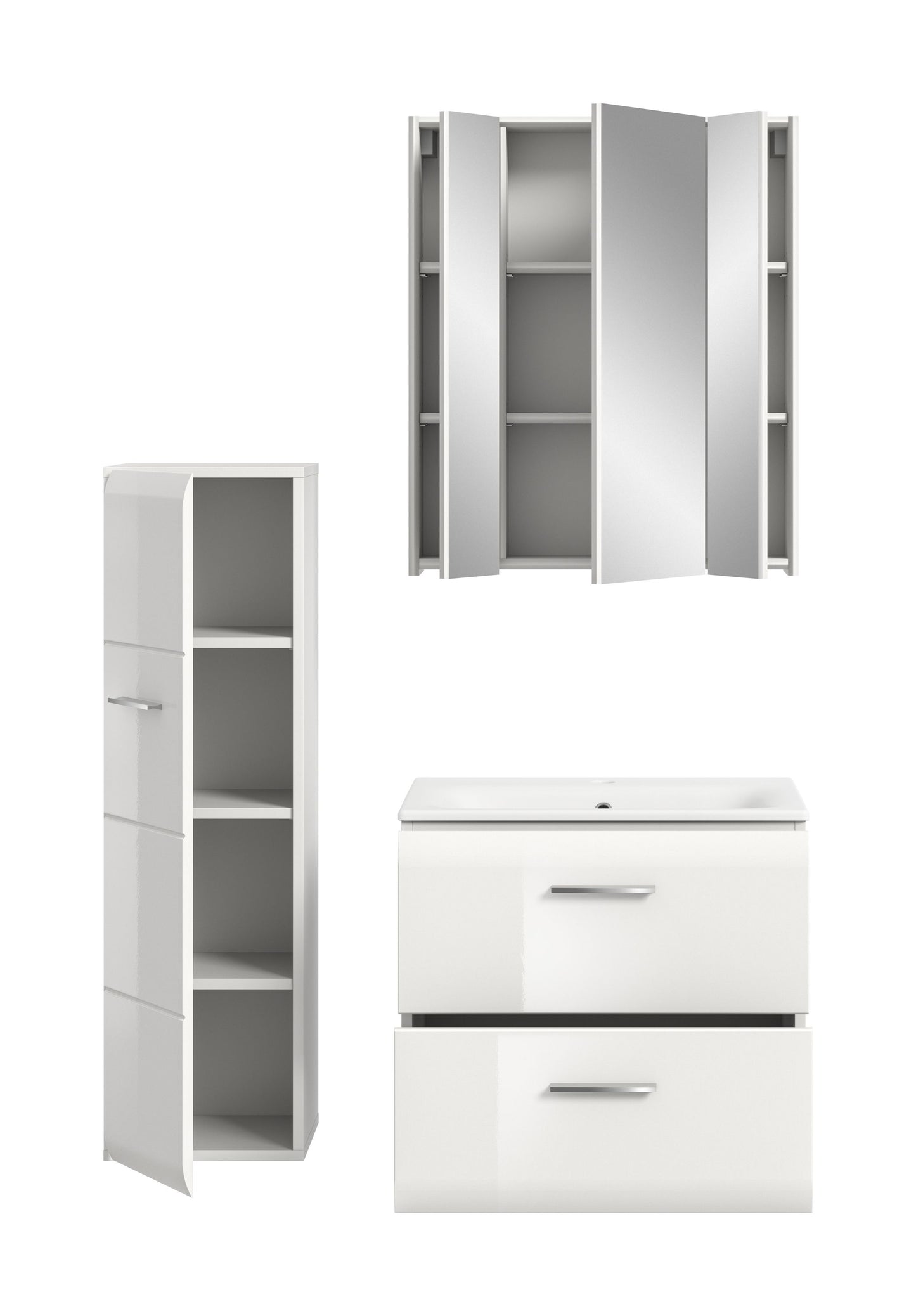 Badmöbel-Set: Spiegelschrank, Hochschrank und Waschtischunterschrank mit zwei Schubladen, weiß