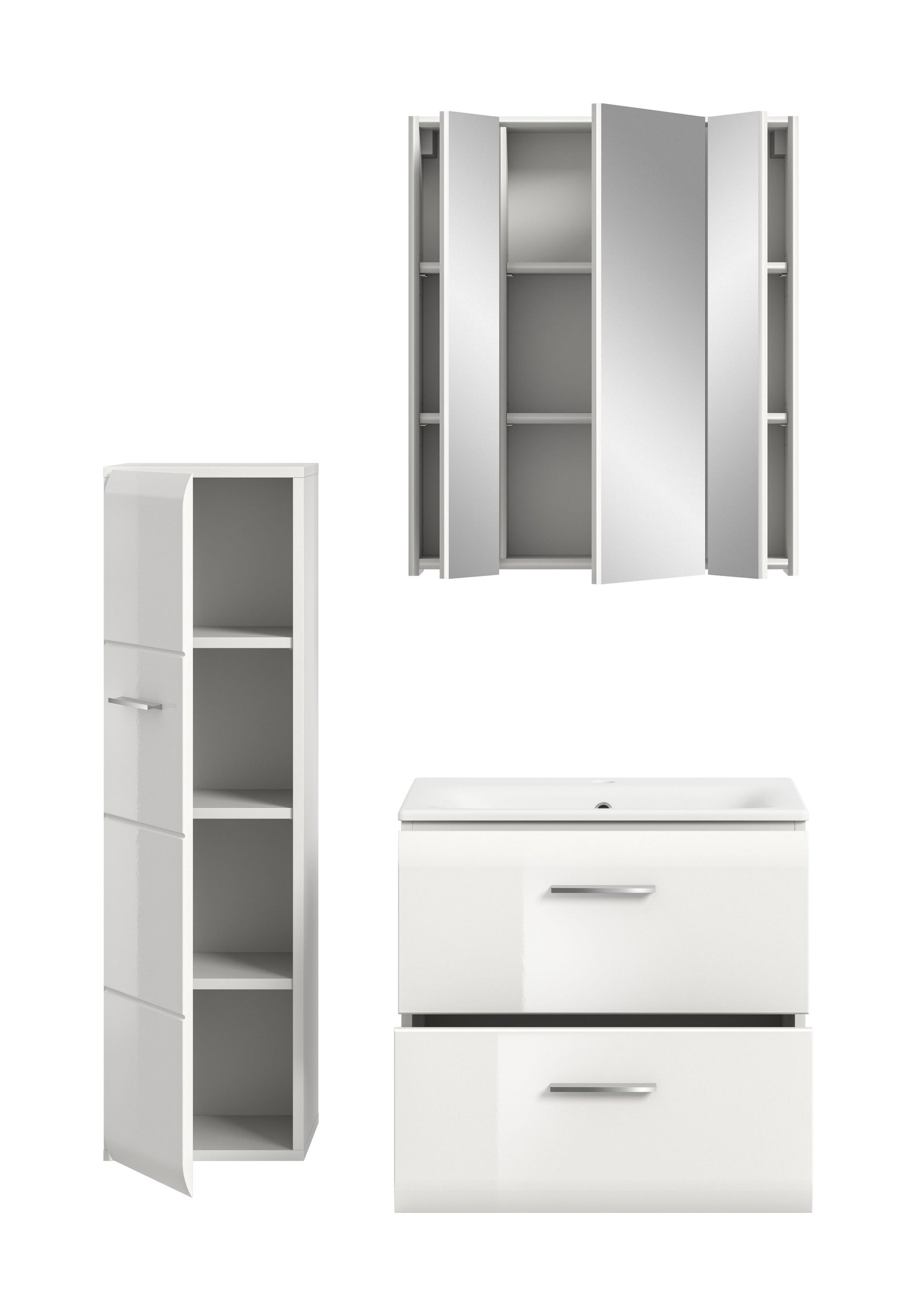 Badmöbel-Set: Spiegelschrank, Hochschrank und Waschtischunterschrank mit zwei Schubladen, weiß