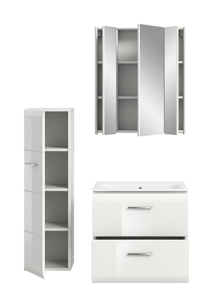 Badmöbel-Set: Spiegelschrank, Hochschrank und Waschtischunterschrank mit zwei Schubladen, weiß