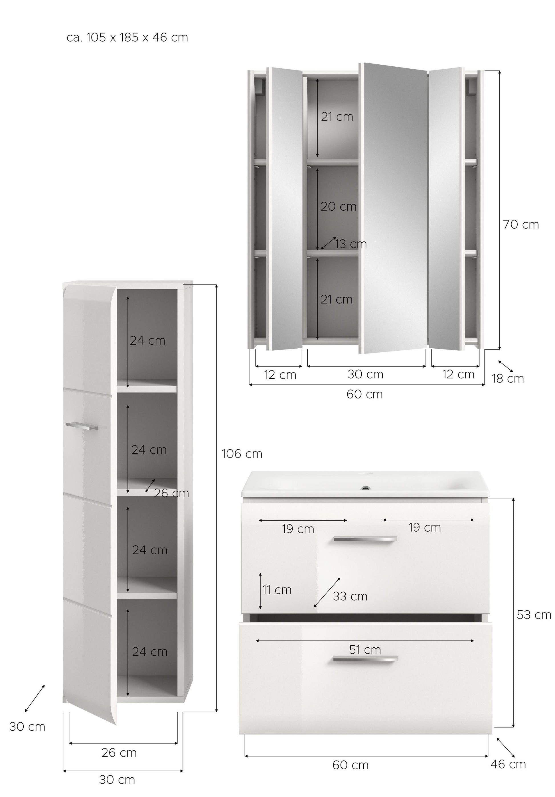 Badmöbel-Set mit Maßen: Waschtischunterschrank, Hochschrank und Spiegelschrank, weiß