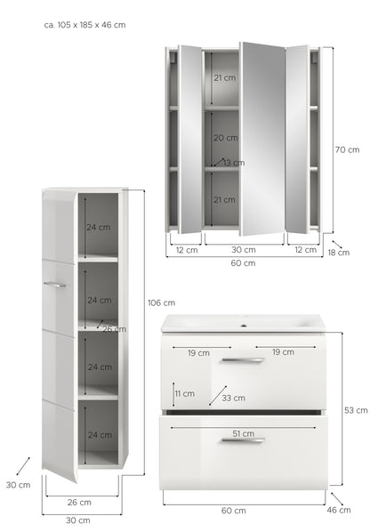 Badmöbel-Set mit Maßen: Waschtischunterschrank, Hochschrank und Spiegelschrank, weiß
