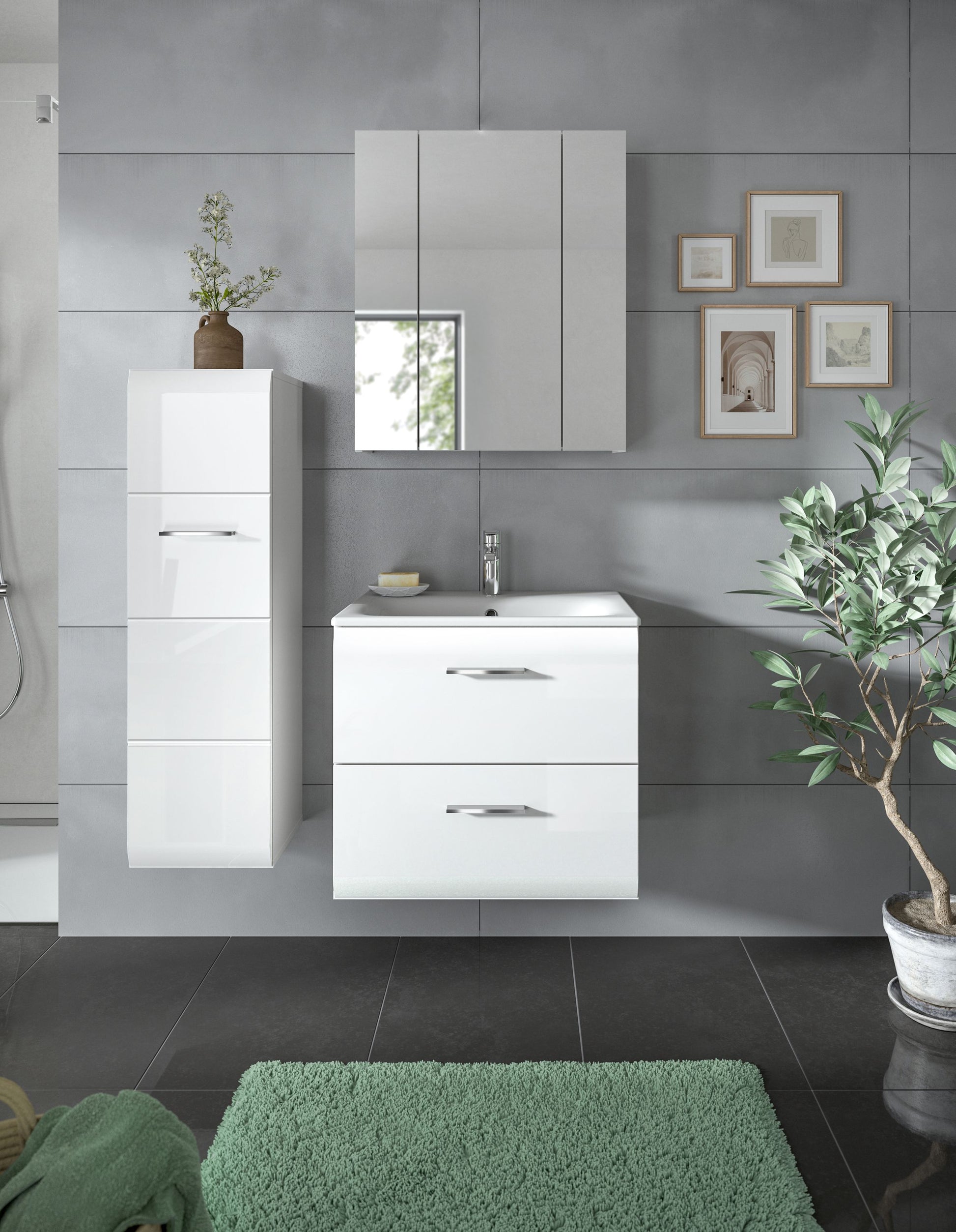 Badmöbel-Set mit Waschtischunterschrank, Hochschrank und Spiegelschrank, weiß