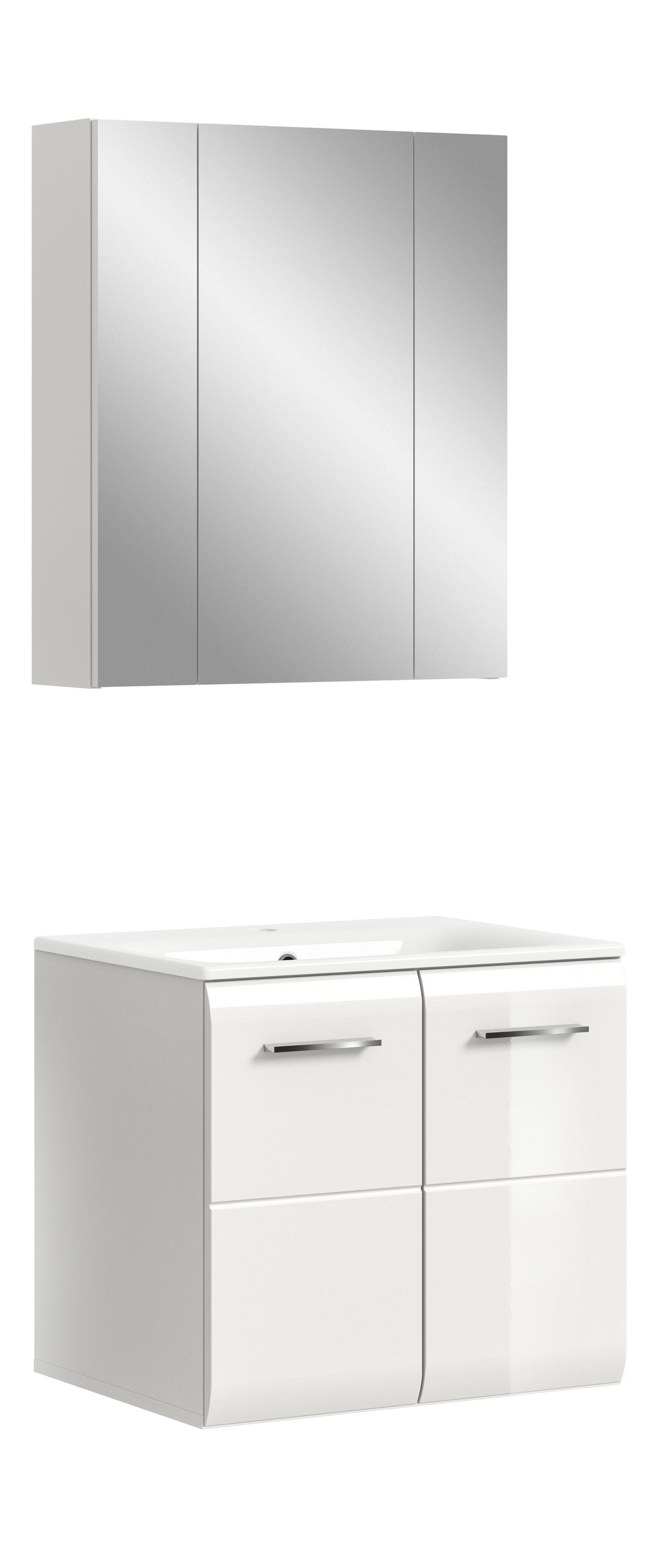 Weißes Badmöbel-Set mit Oberschrank und Waschtischunterschrank; zwei Türen und Schubladen
