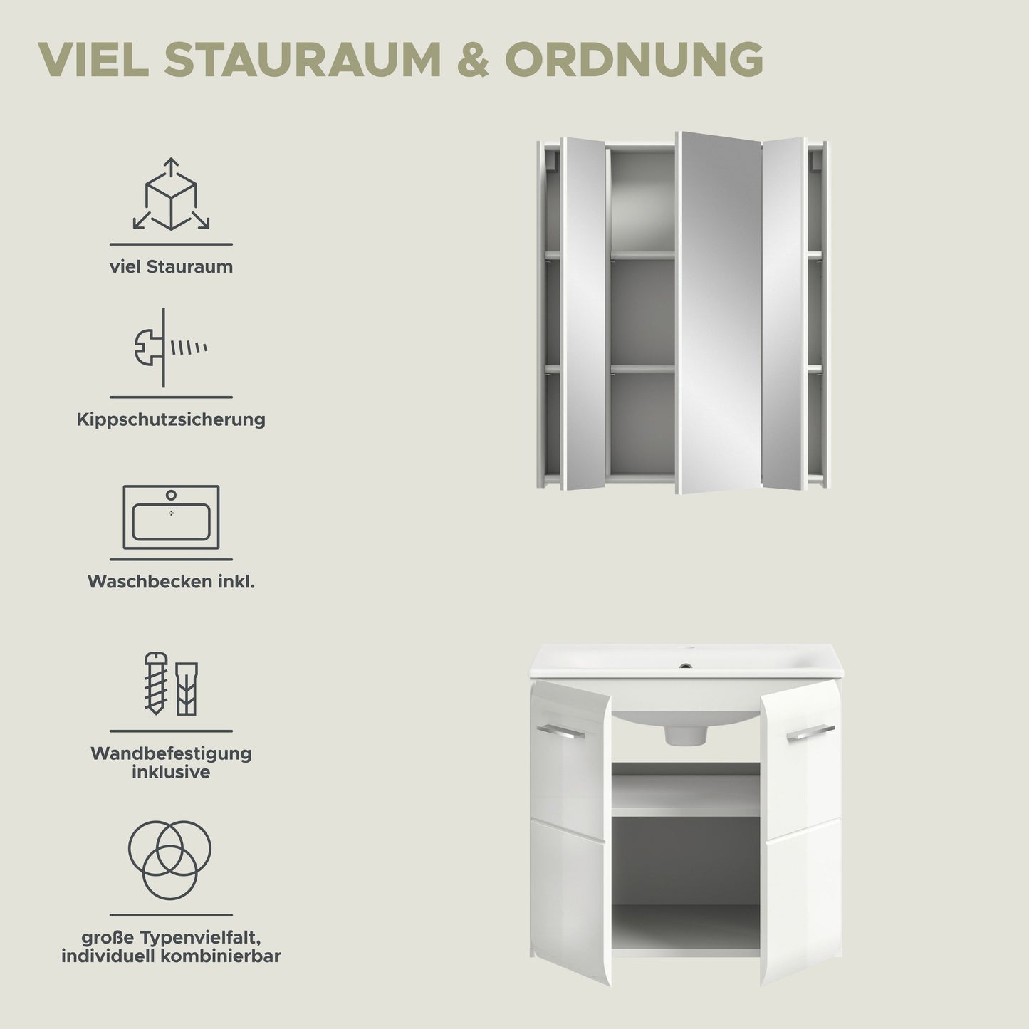 Weißes Badmöbel-Set mit Hochschrank und Waschtischunterschrank; offene Fächer im Innenraum