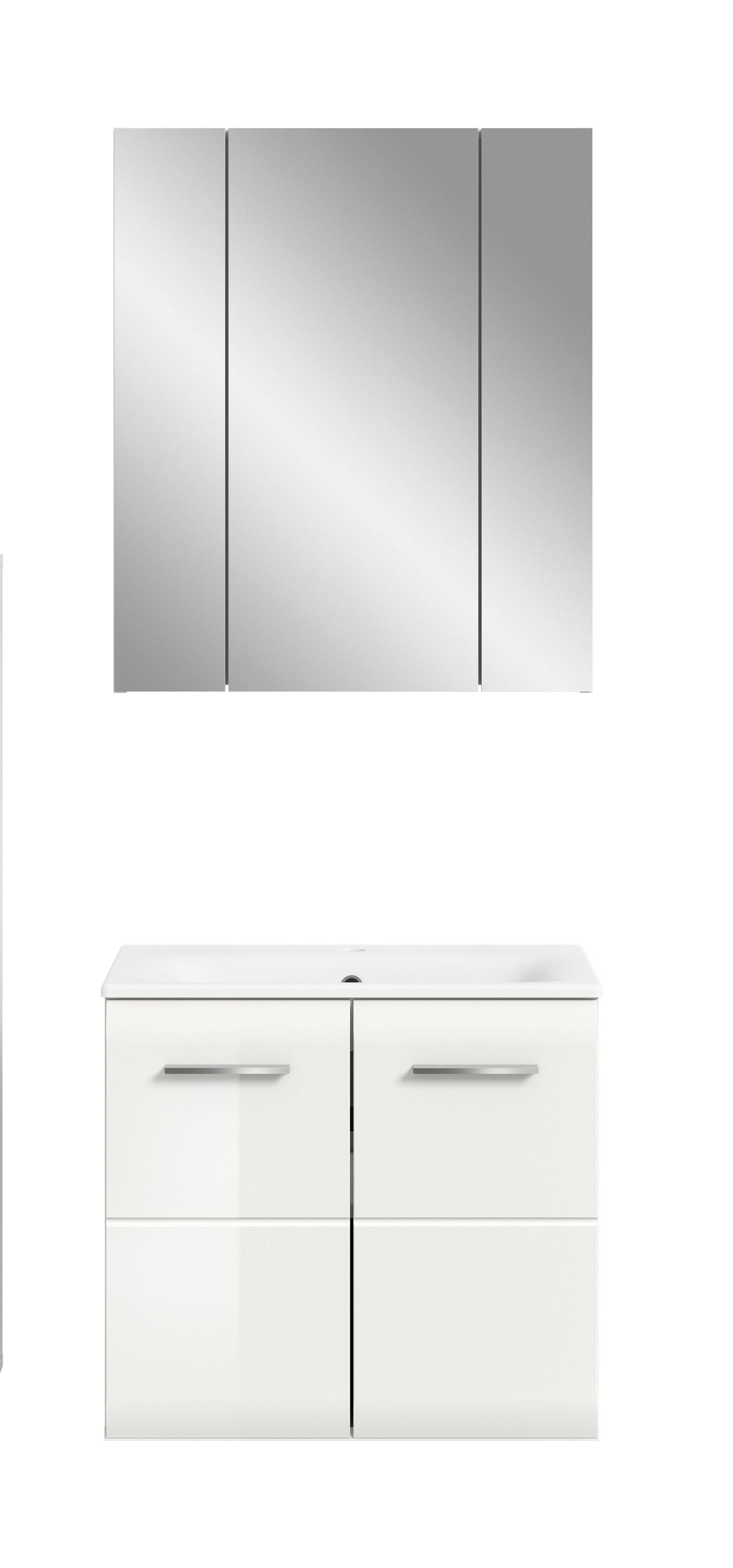 Weißes Badmöbel-Set mit Oberschrank und Waschtischunterschrank; zwei Türen unter dem Waschbecken