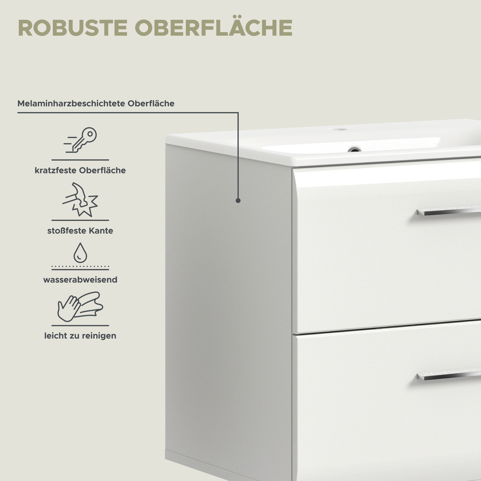 Waschtisch mit beschichteter Oberfläche und Metallgriffen, weiß