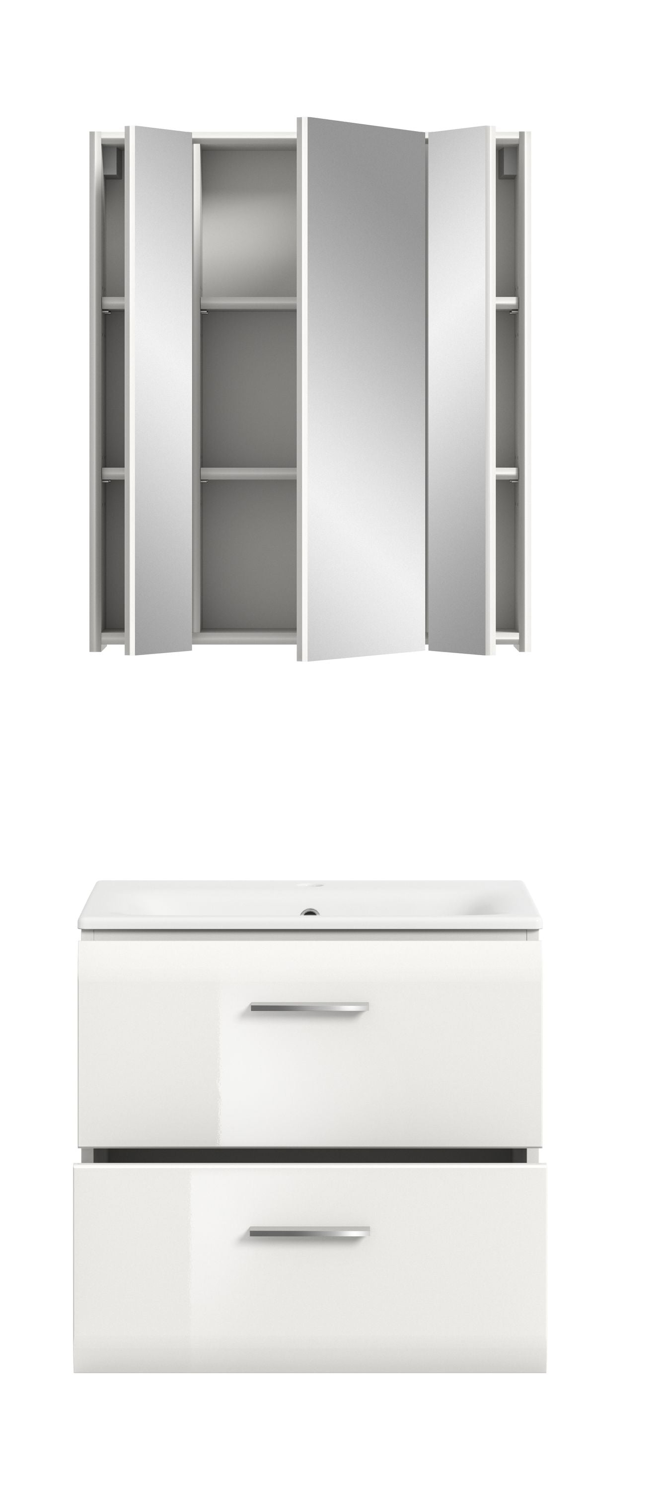 Spiegelschrank mit offenen Fächern und Waschtisch-Unterschrank, weiß