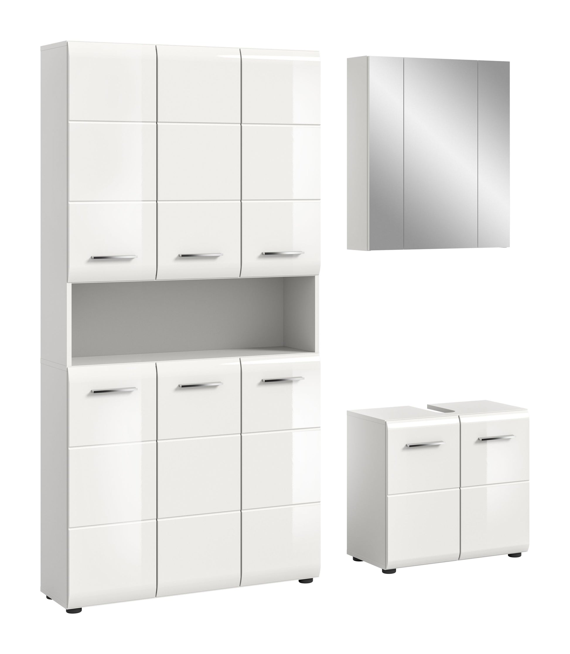 Weißes Badmöbel-Set: Hochschrank, Unterschrank und Waschtischunterschrank mit Griffen
