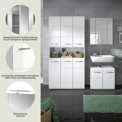 Weißes Badmöbel-Set mit Spiegelschrank und Hochschrank, Waschbeckenmöbel mit Schubladen