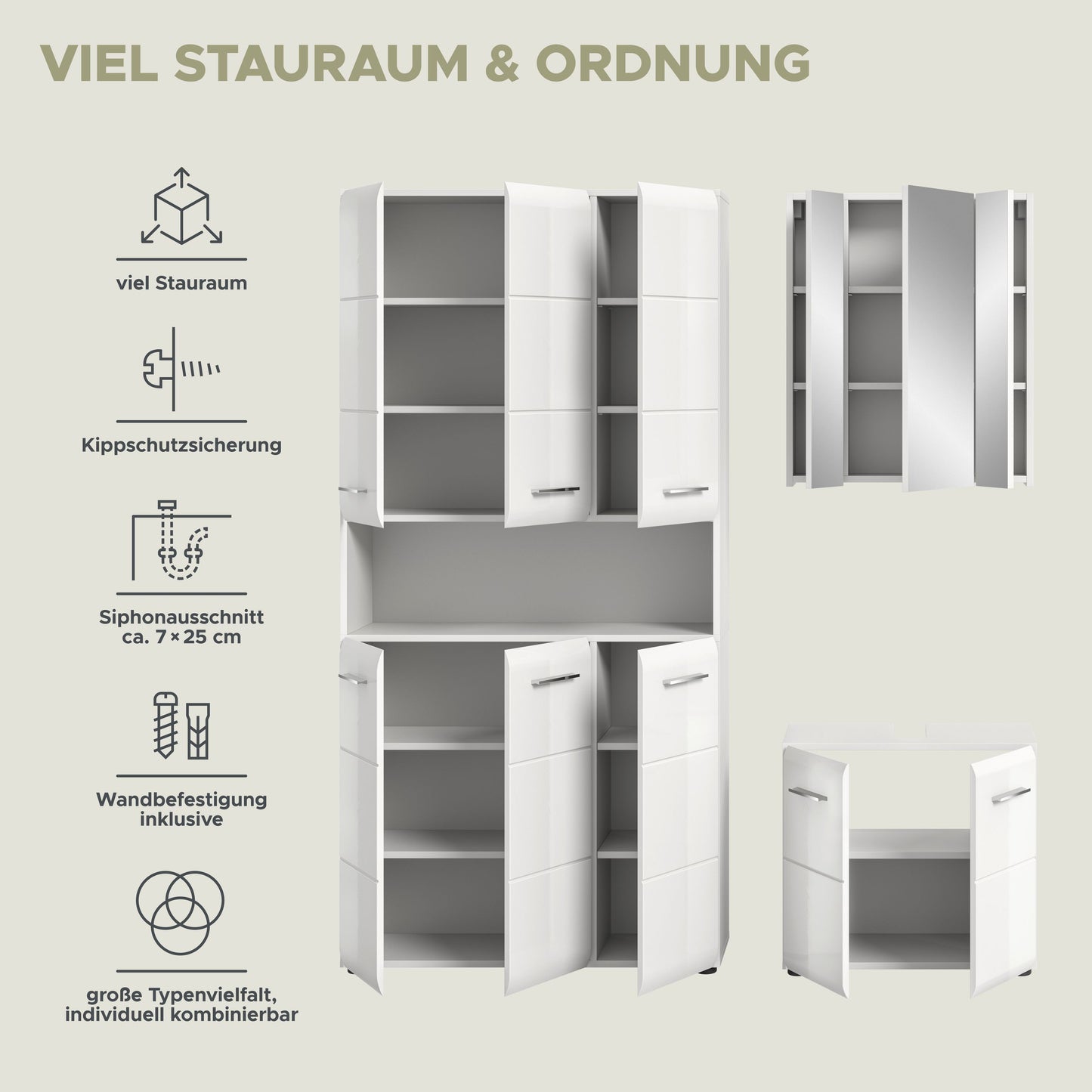 Weißes Badmöbel-Set mit geöffnetem Hochschrank, Spiegelschrank und Waschplatz
