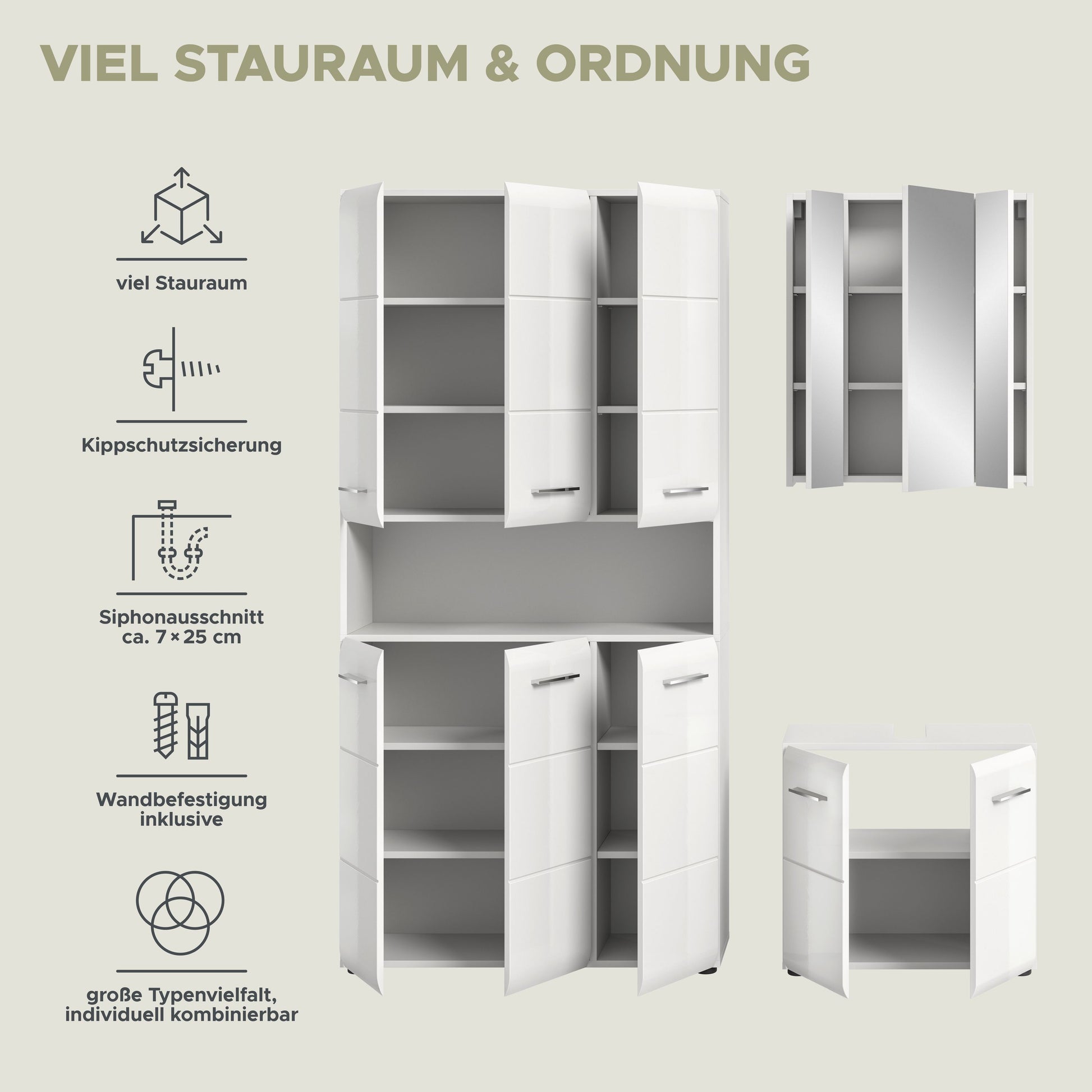 Weißes Badmöbel-Set mit geöffnetem Hochschrank, Spiegelschrank und Waschplatz