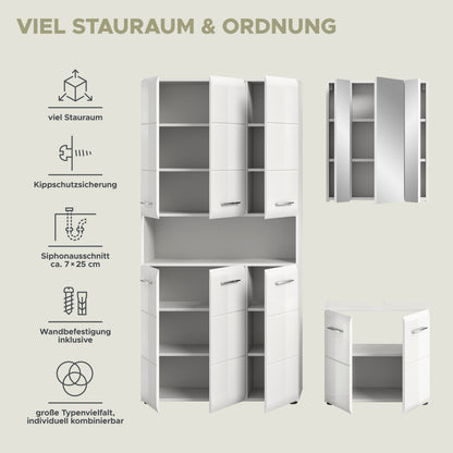 Weißes Badmöbel-Set mit geöffnetem Hochschrank, Spiegelschrank und Waschplatz