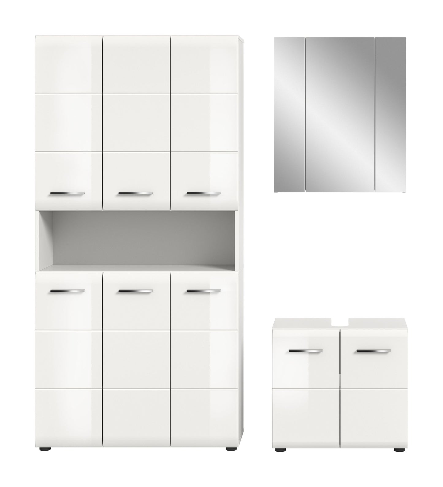 Weißes Badmöbel-Set mit Hochschrank, Spiegelschrank und Waschtischunterschrank