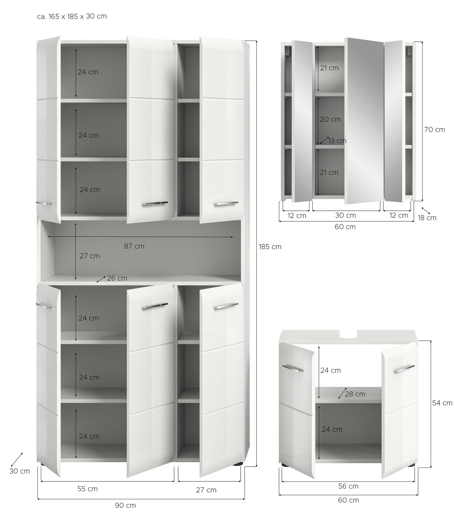 Weißes Badmöbel-Set mit geöffnetem Hochschrank und Unterschrank, Fachaufteilung und Türen