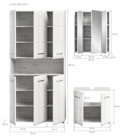 Weißes Badmöbel-Set mit geöffnetem Hochschrank und Unterschrank, Fachaufteilung und Türen