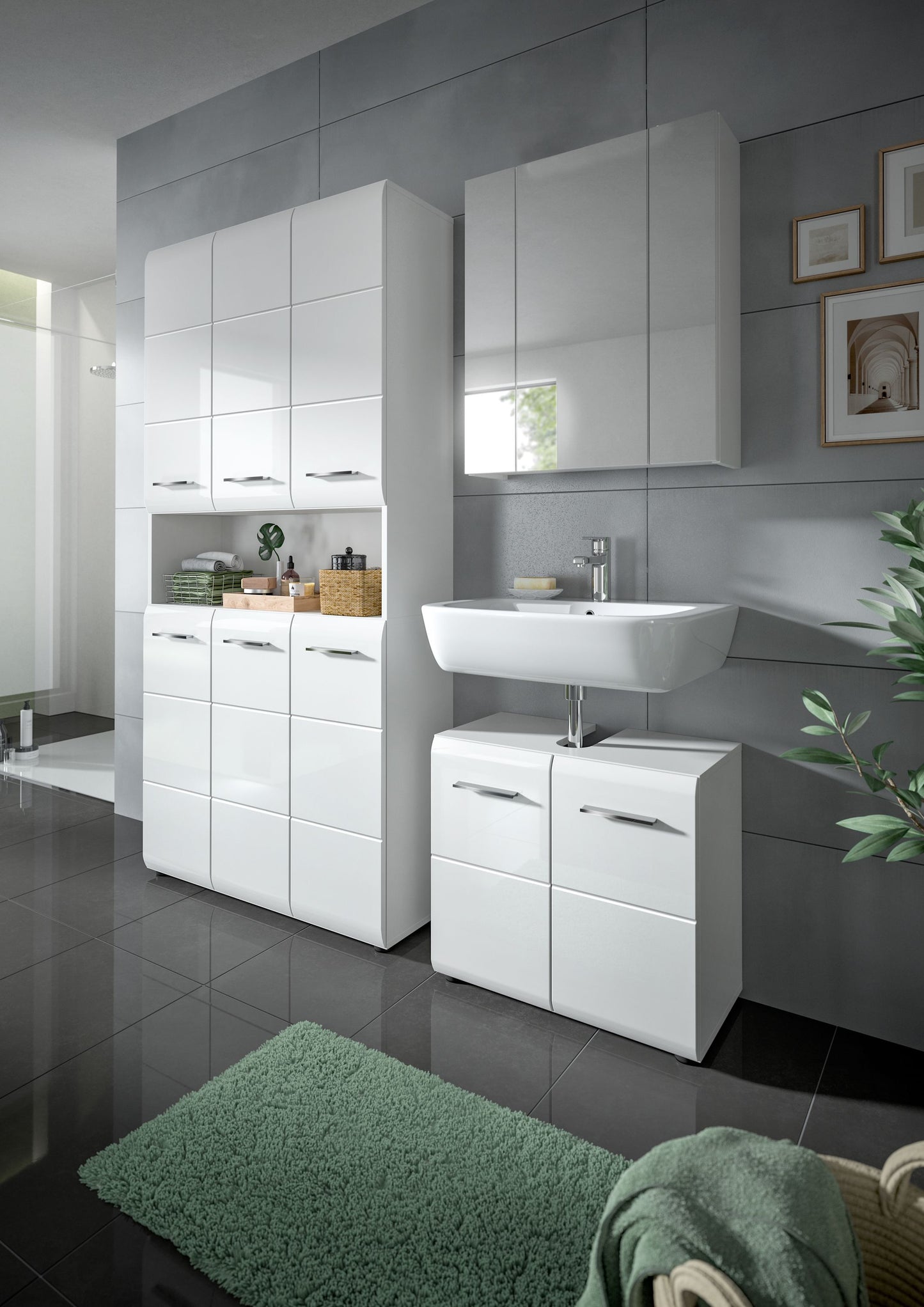 Weißes Badmöbel-Set mit Waschtischunterschrank und Hochschrank, Türen und Schubladen