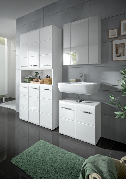 Weißes Badmöbel-Set mit Waschtischunterschrank und Hochschrank, Türen und Schubladen