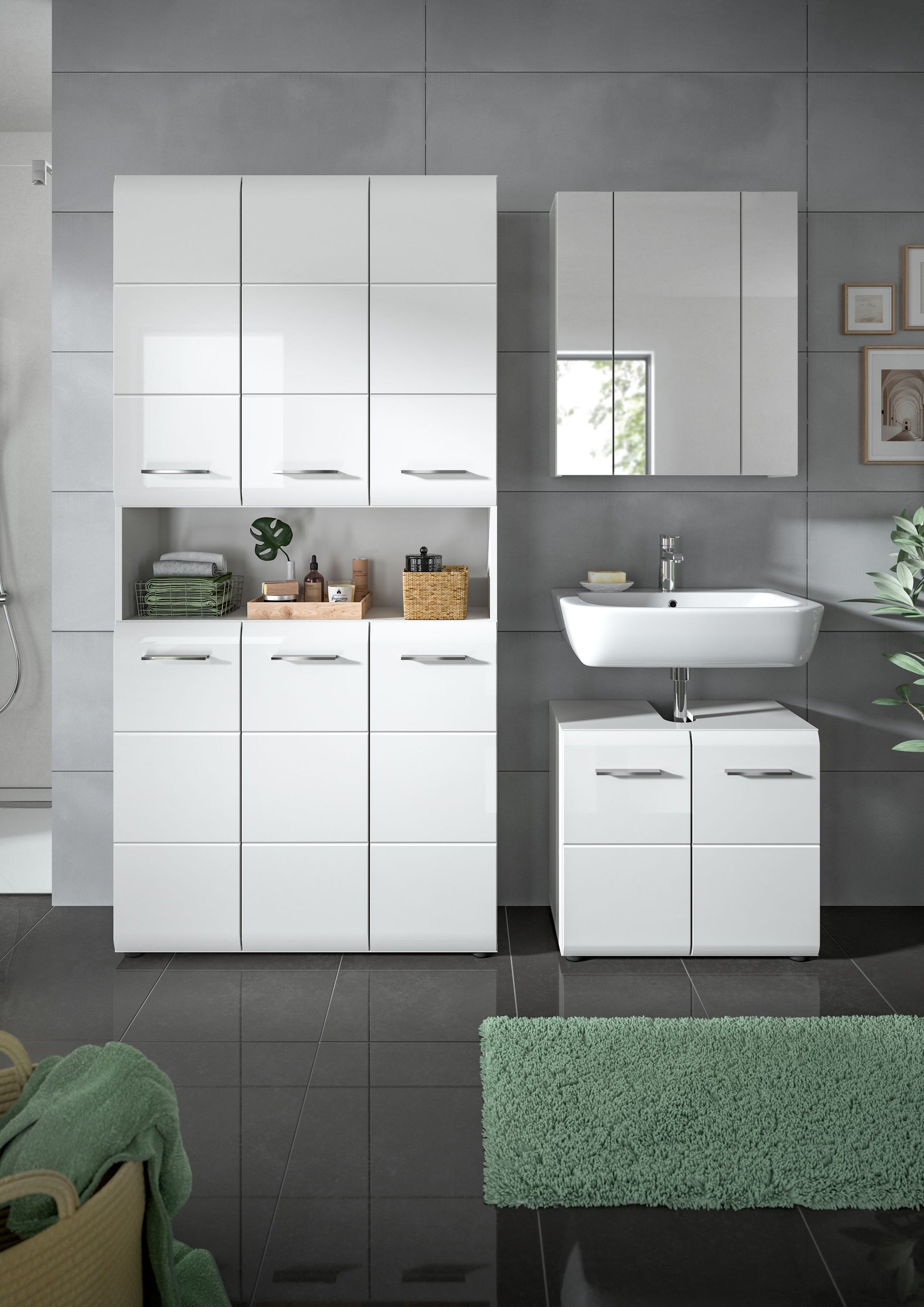 Weißes Badmöbel-Set mit Hochschrank, Waschtischunterschrank und Einbau-Waschbecken