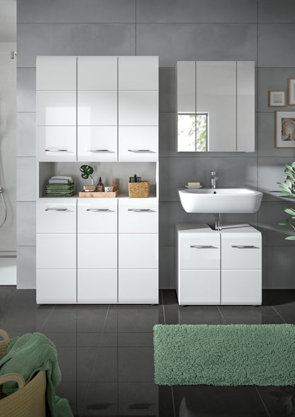 Weißes Badmöbel-Set mit Hochschrank, Waschtischunterschrank und Einbau-Waschbecken