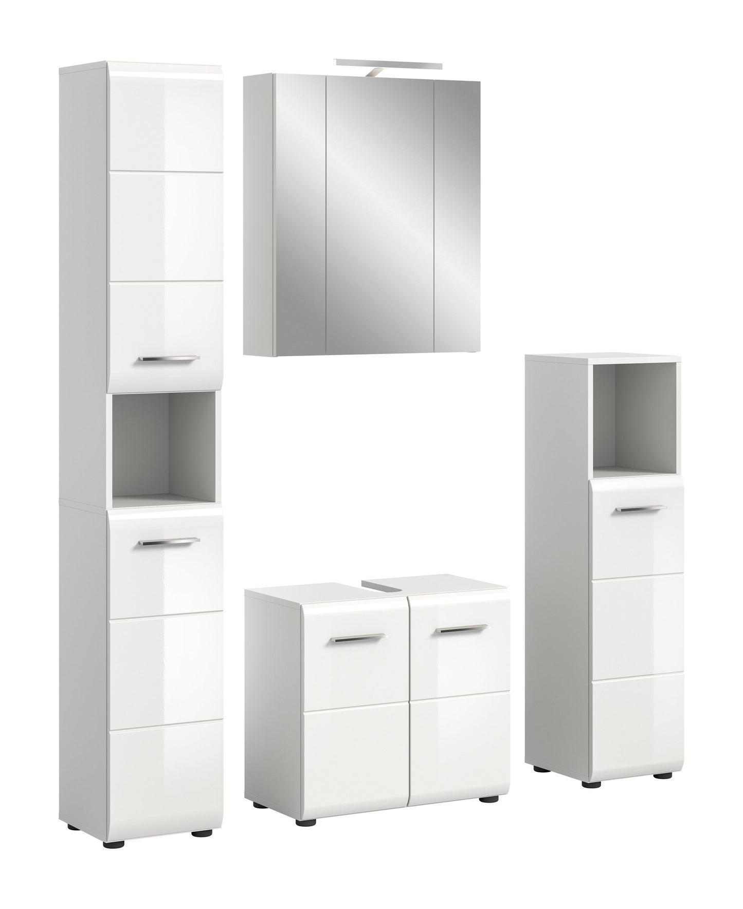 Weißes Badezimmer-Set mit Spiegelschrank, Waschtischunterschrank und Hochschränken