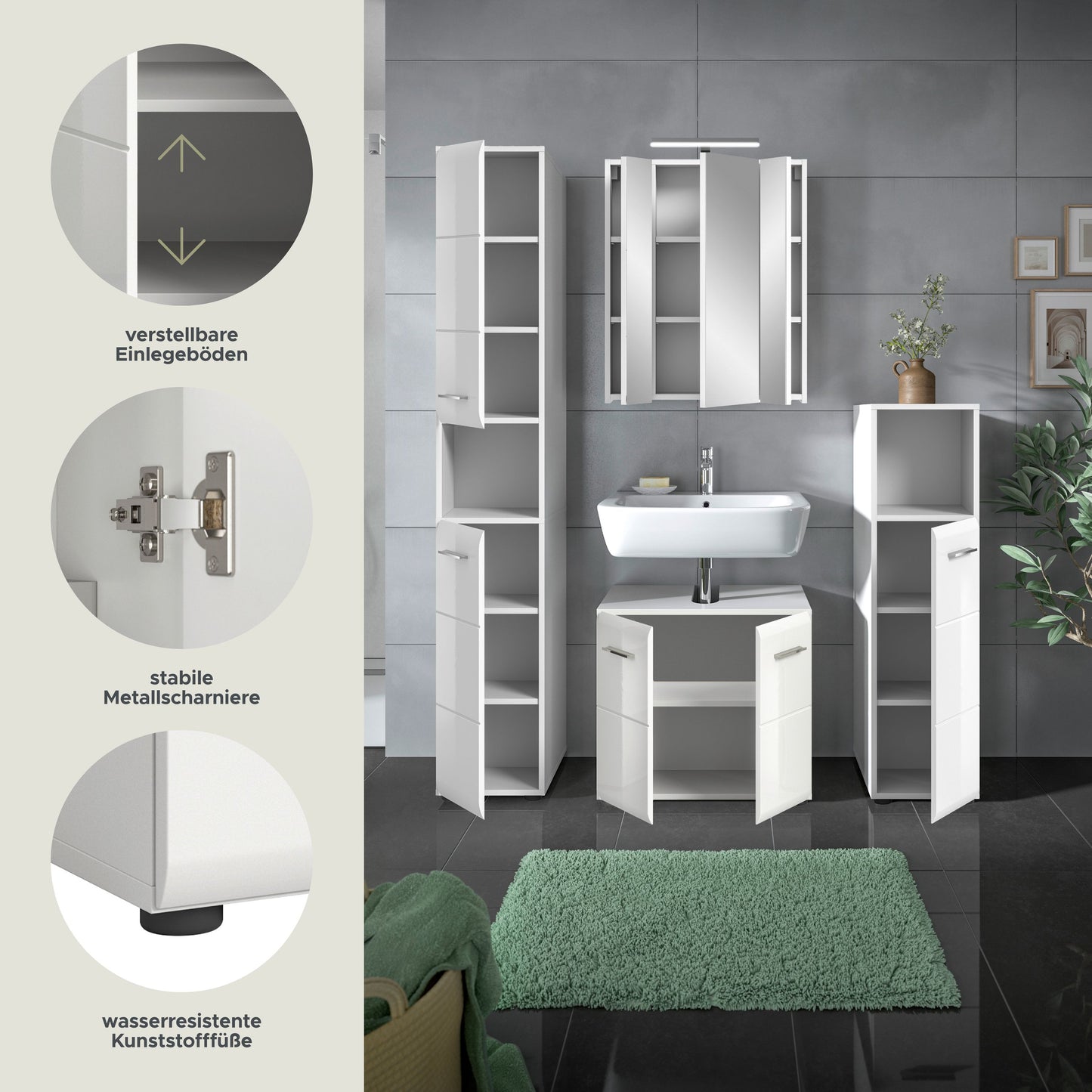 Weißes Badezimmer-Set mit Hochschränken und offenen Fächern für Ordnung