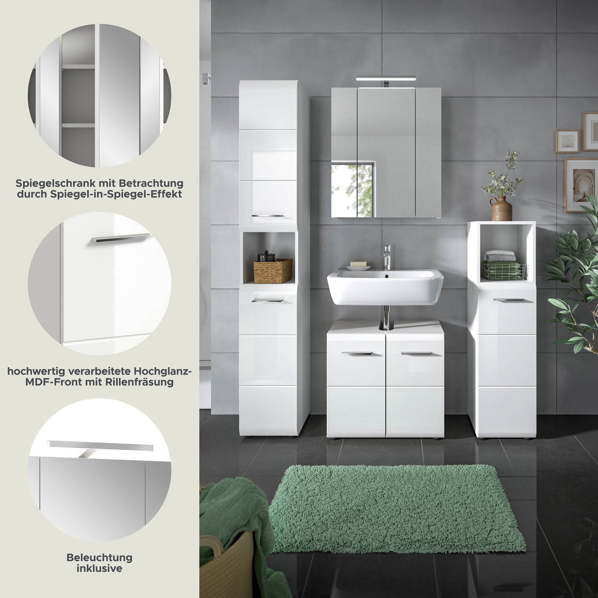 Weißes Badezimmer-Set mit Spiegelschrank und Regalen in Hochschränken