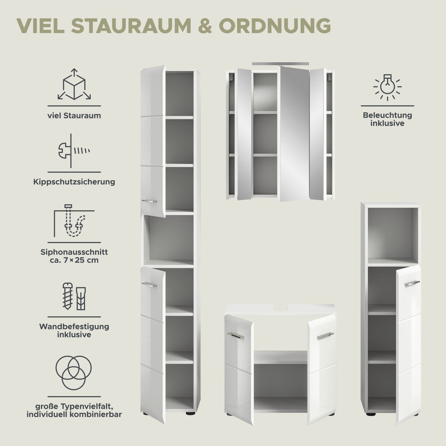 Weißes Badezimmer-Set mit vielen Fächern: offene Hochschränke und Waschtischunterschrank