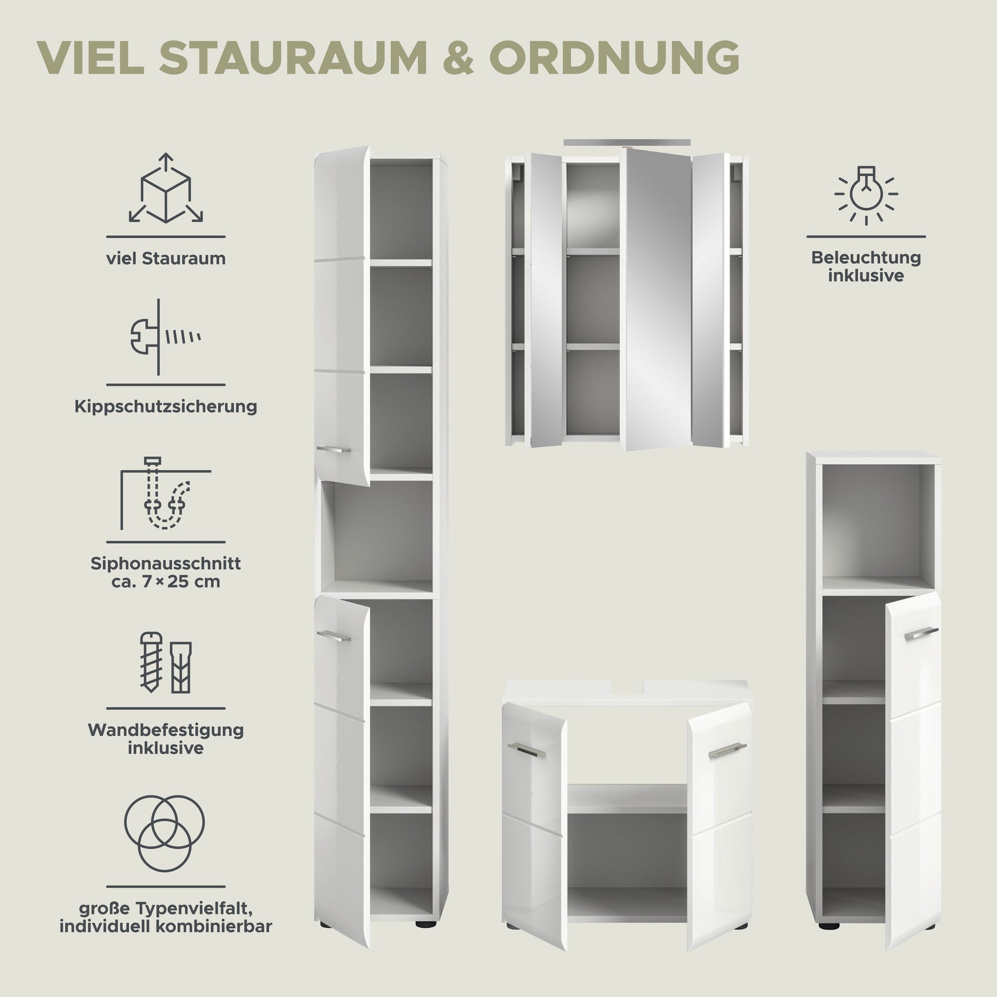 Weißes Badezimmer-Set mit vielen Fächern: offene Hochschränke und Waschtischunterschrank