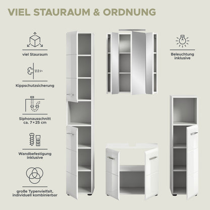 Weißes Badezimmer-Set mit vielen Fächern: offene Hochschränke und Waschtischunterschrank