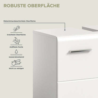 Badmöbel-Set mit weißer Front, Griffleiste und Darstellung robuster, wasserabweisender Oberfläche