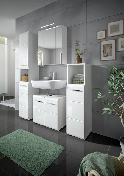 Weißes Badezimmer-Set mit Waschtisch, Unterschrank, Spiegelschrank und Hochschrank