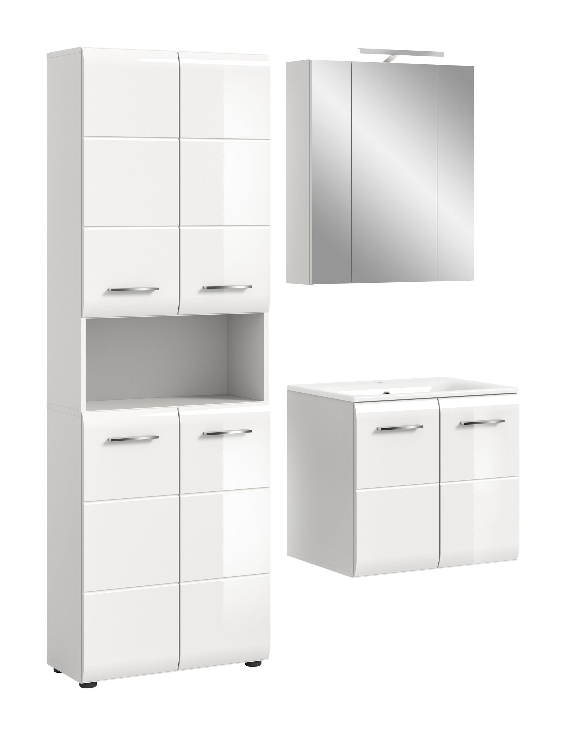 Badezimmer-Set: weißer Hochschrank mit Türen und Schubladen, plus Waschtischunterschrank