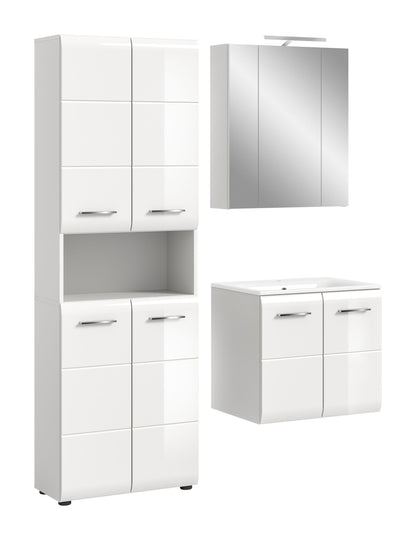Badezimmer-Set: weißer Hochschrank mit Türen und Schubladen, plus Waschtischunterschrank