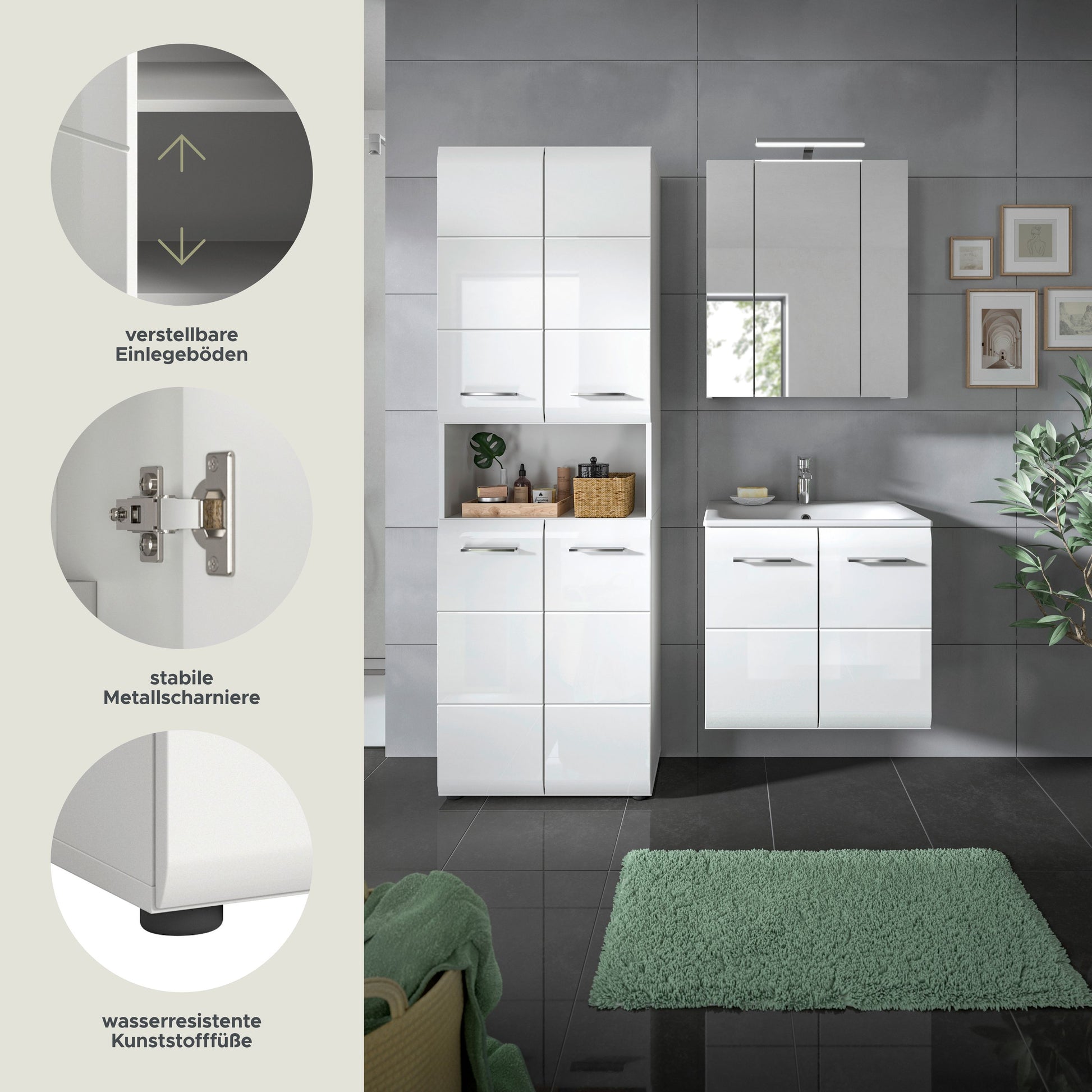 Badmöbel-Set: Hochschrank mit Einlegeböden, Spiegelschrank und Waschtischkommode in Weiß