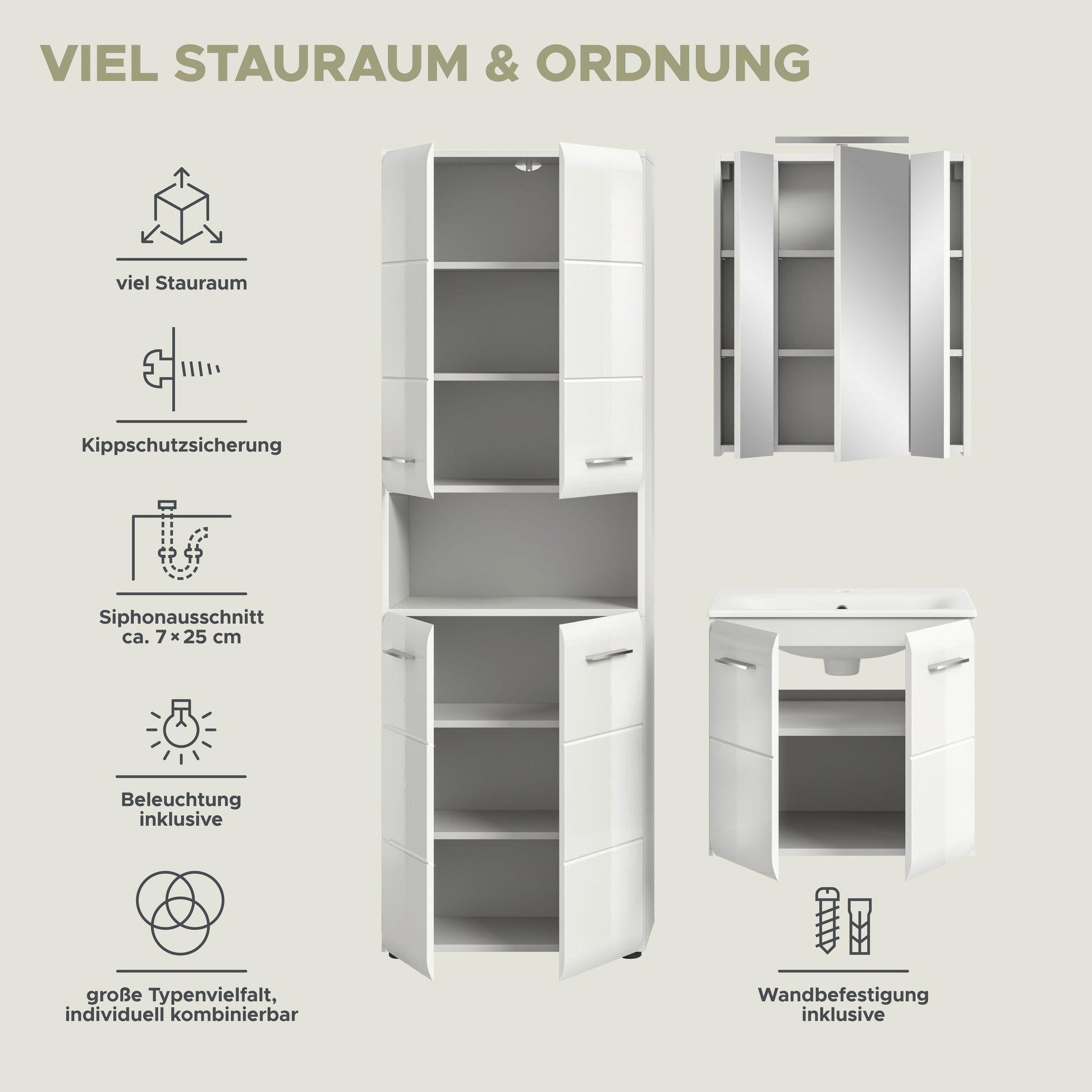 Badmöbel-Set mit Hochschrank, Spiegelschrank und Waschtischkommode; Türen und Fächer offen