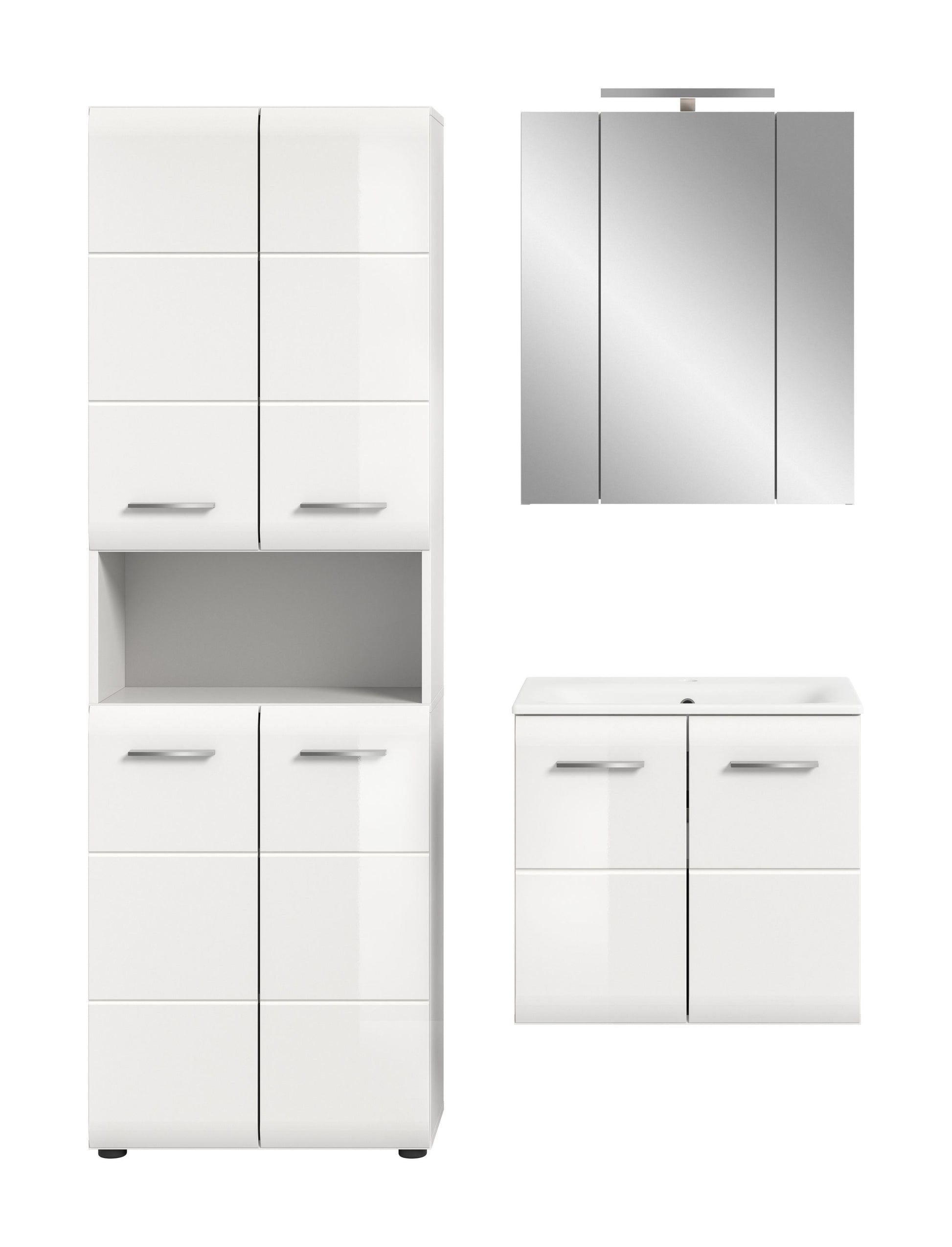 Badmöbel-Set in Weiß: Hochschrank, Spiegelschrank und Waschtischschrank mit Metallgriffen