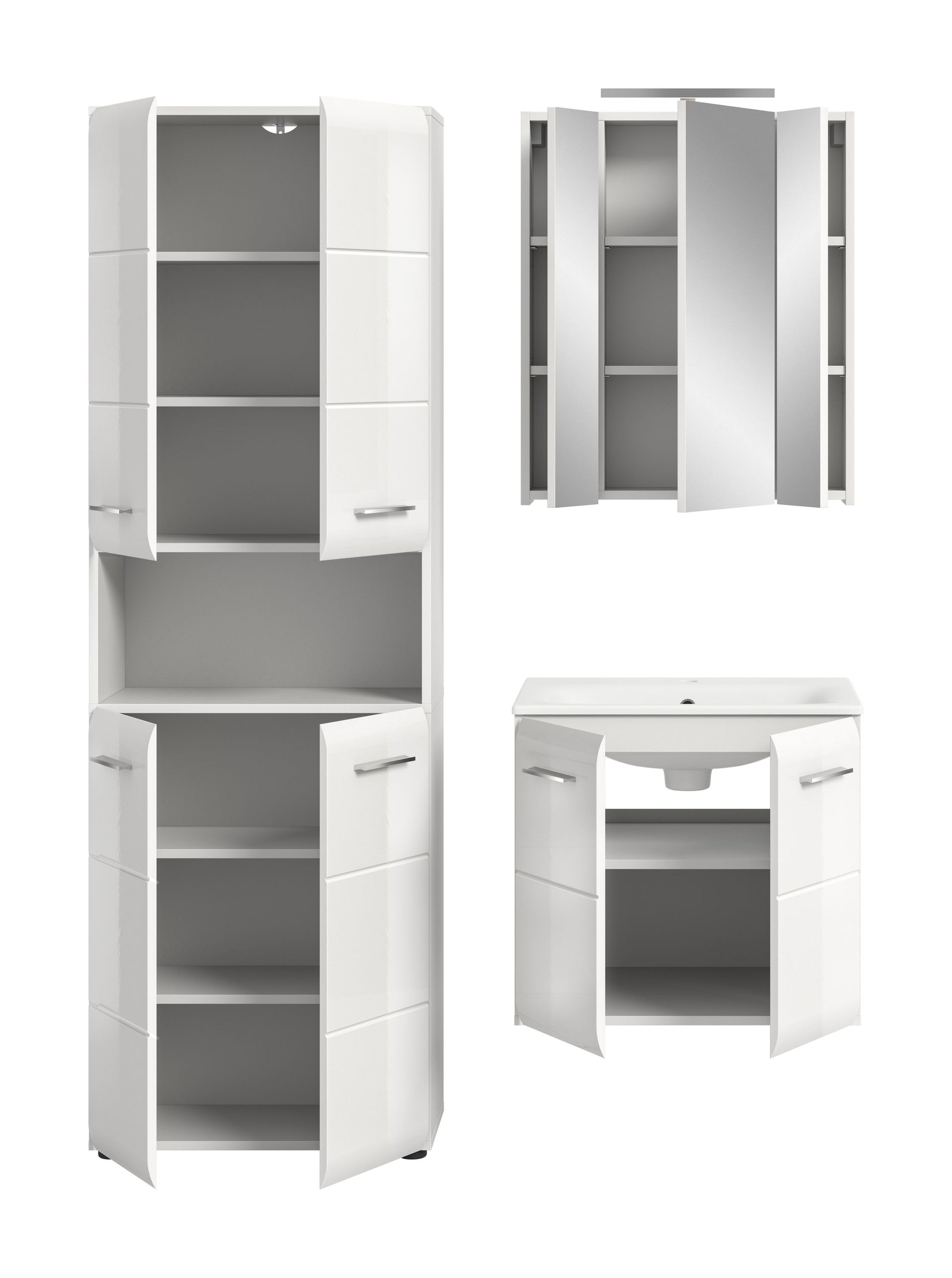 Badmöbel-Set: weißer Hochschrank und Spiegelschrank sowie Waschtischunterschrank, Türen geöffnet
