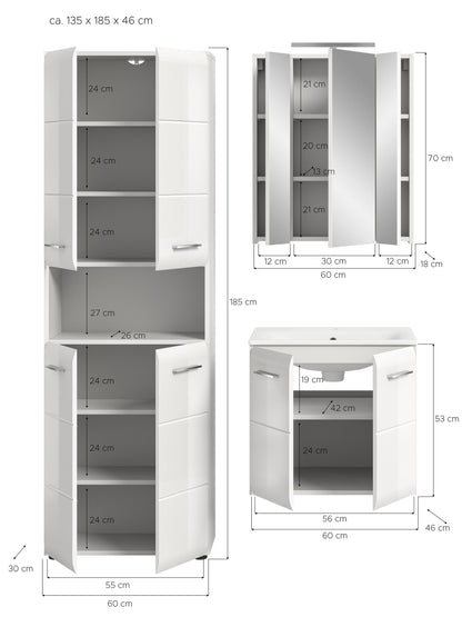 Badmöbel-Set im Detail: Hochschrank, Spiegelschrank und Waschtischschrank mit Maßen