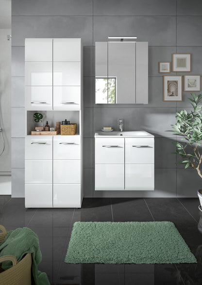 Badmöbel-Set: Hochschrank, Spiegelschrank und Waschtischkommode in Weiß mit Schubladen