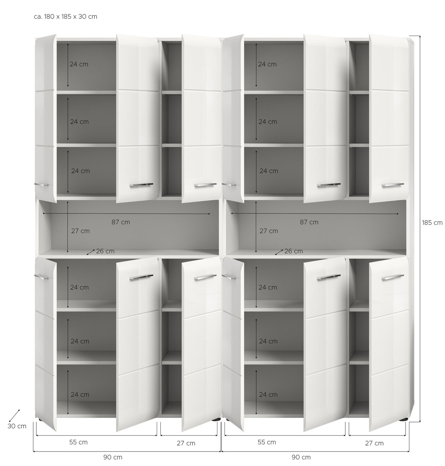 Badmöbelset von Homes & Jones, weiß, mit sichtbaren Innenfächern und Maßangaben