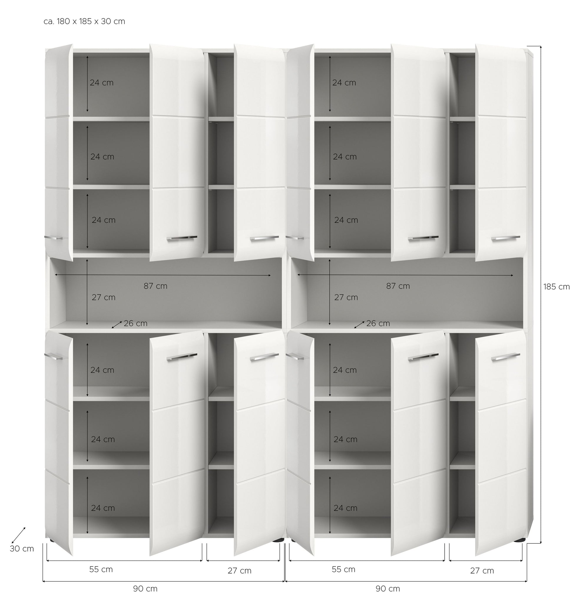 Badmöbelset von Homes & Jones, weiß, mit sichtbaren Innenfächern und Maßangaben