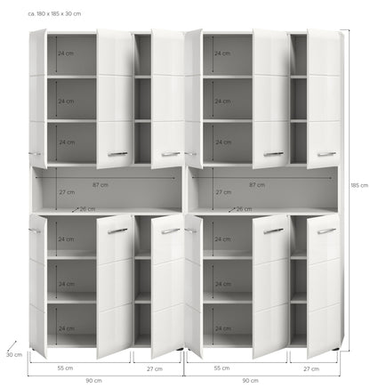 Badmöbelset von Homes & Jones, weiß, mit sichtbaren Innenfächern und Maßangaben