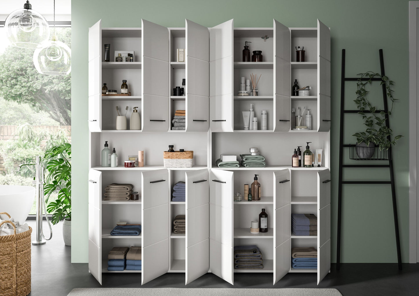 Badmöbelset von Homes & Jones, weiß, geöffnet mit Regalfächern und Schubfächern