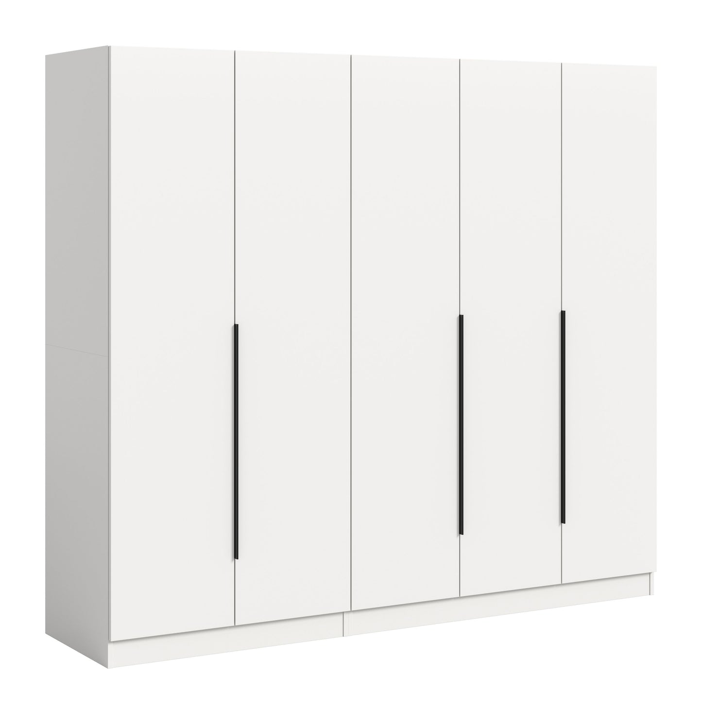 Kleiderschrank, weißes Frontdesign mit fünf schmalen Griffen und festen Türfugen