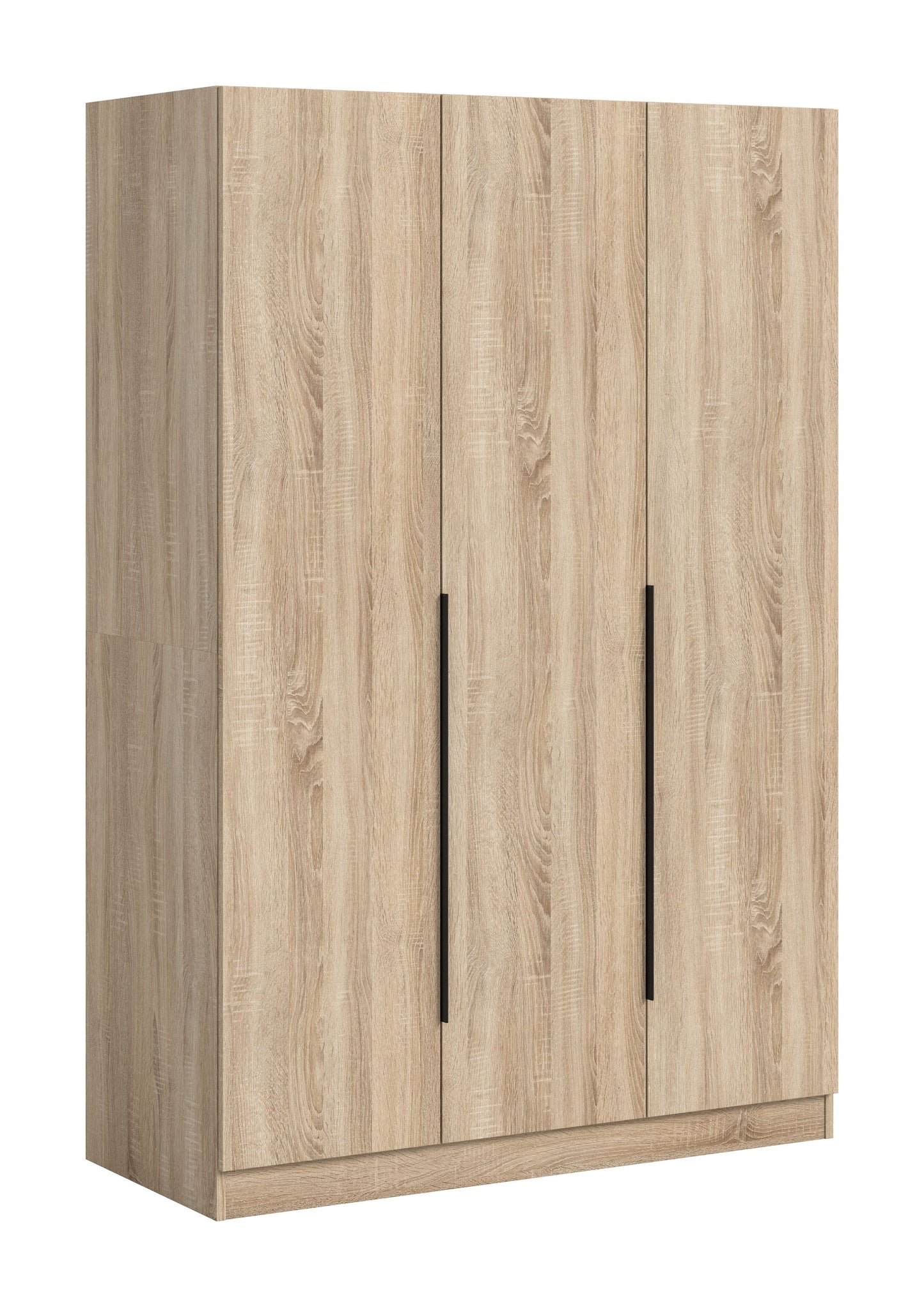 3-türiger Kleiderschrank mit Holzdekor, hellbrauner Front und langen senkrechten Griffen