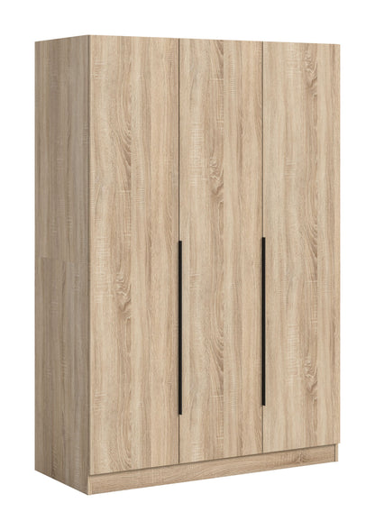 3-türiger Kleiderschrank mit Holzdekor, hellbrauner Front und langen senkrechten Griffen